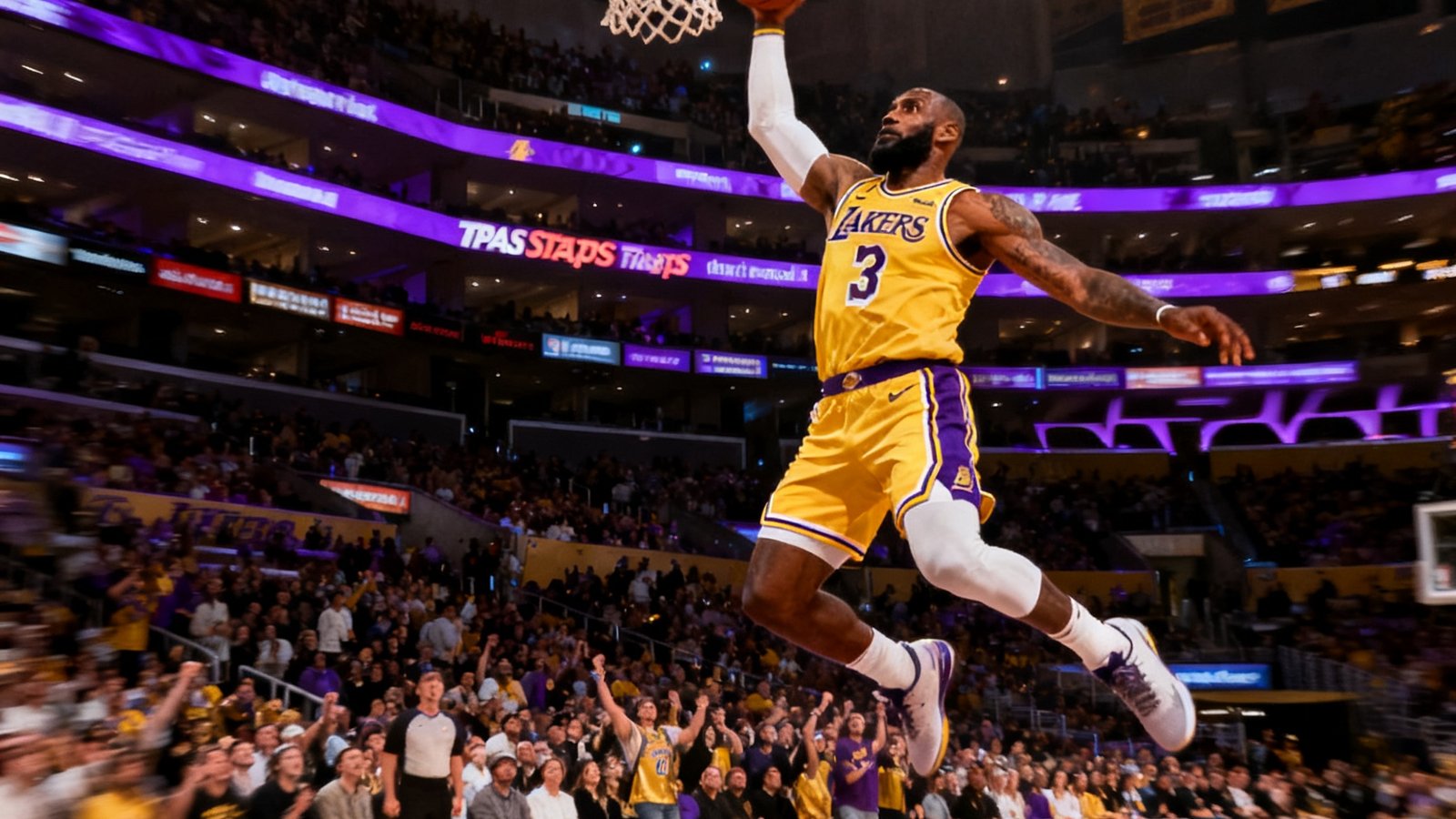 NBA比赛中湖人队球员飞身扣篮的精彩瞬间，背景是斯台普斯中心紫色金色的灯光和沸腾的观众，右下角标注4分12秒时长。